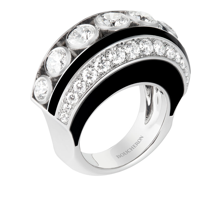 Boucheron, кольцо-трансформер Noeud Diamants, белое золото, черный лак, бриллианты