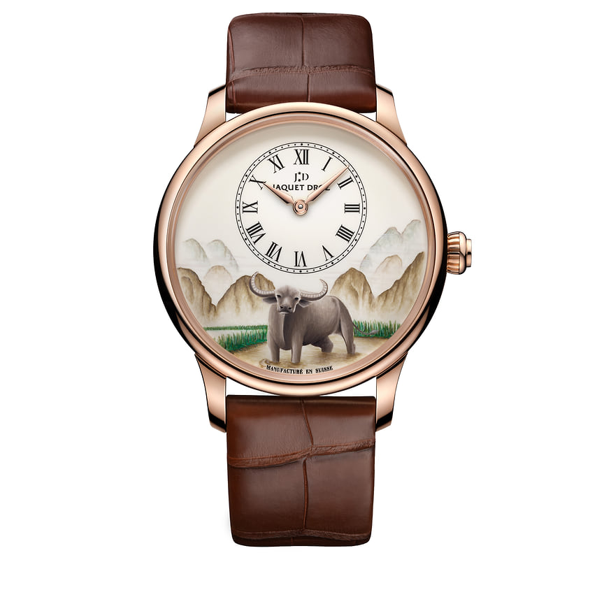 Jaquet Droz, часы Petite Heure Minute Buffalo, 41 мм, розовое золото, эмаль, механизм с автоматическим подзаводом, ограниченная серия 8 штук