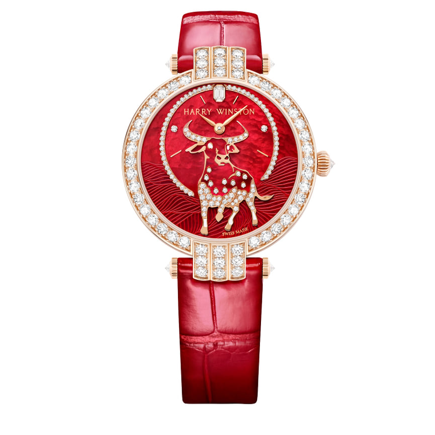 Harry Winston, часы Premier Chinese New Year Ox, 36 мм, розовое золото, перламутр, бриллианты, механизм с автоматическим подзаводом, ограниченная серия 8 штук