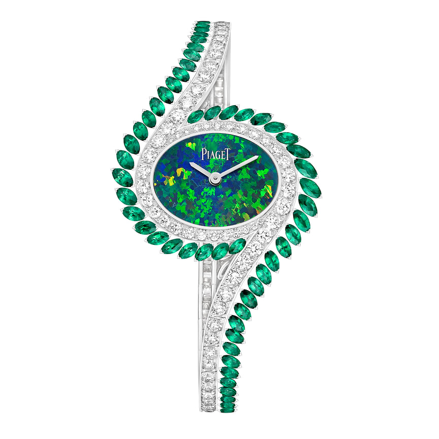 Piaget, часы Limelight Gala High Jewellery Black Opal, 32 мм, белое золото, опал, изумруды, бриллианты, кварцевый механизм