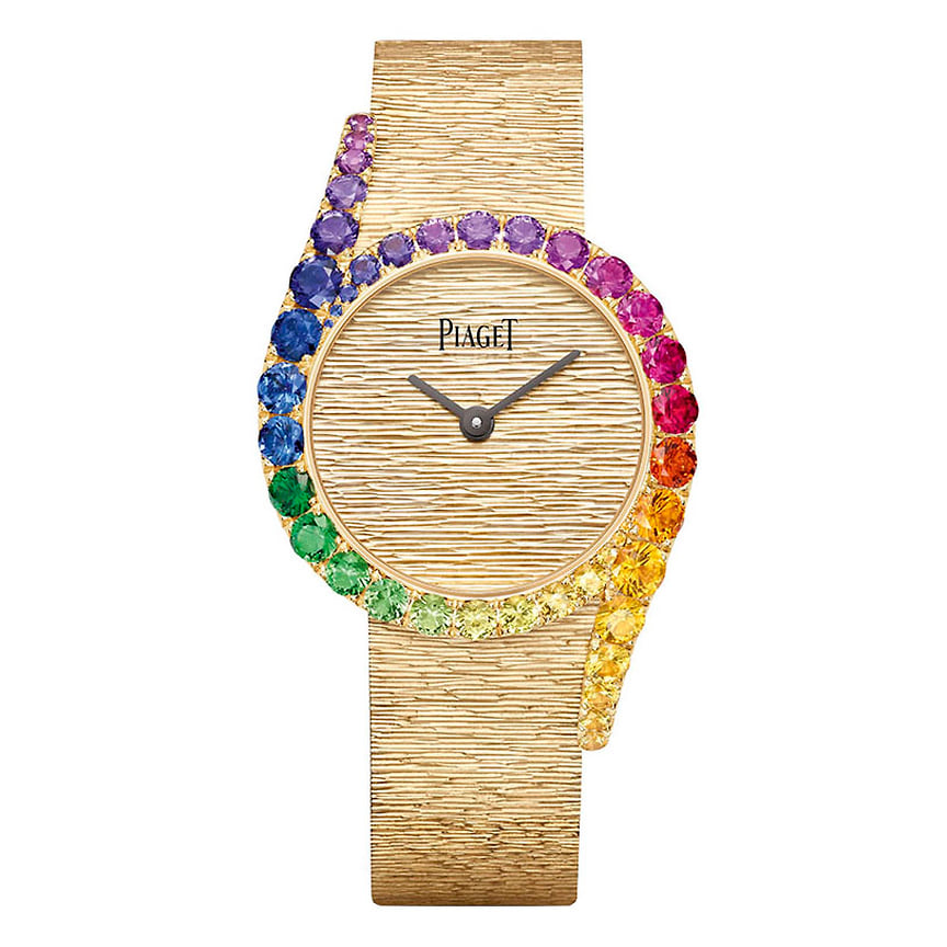 Piaget, часы Limelight Gala Precious Rainbow, 32 мм, розовое золото, разноцветные сапфиры, цавориты, механизм с автоматическим подзаводом
