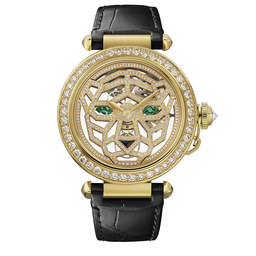 Cartier, часы Pasha de Cartier, 41 мм, желтое золото, бриллианты, изумруды, оникс, механизм с ручным подзаводом