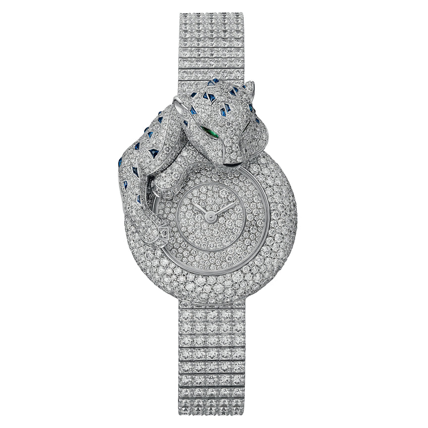 Cartier, часы Panthere Songeuse, 28,4 мм, белое золото, изумруды, оникс, бриллианты, кварцевый механизм