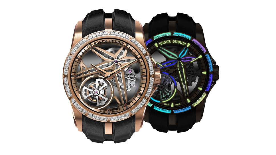 Roger Dubuis, часы Excalibur Single Flying Tourbillon Glow Me Up, розовое золото, 42 мм, механизм с ручным подзаводом