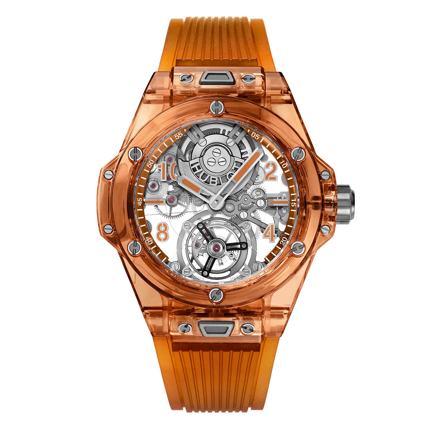 Hublot, часы Big Bang Tourbillon Automatique Sapphire Orange, 45 мм, сапфировое стекло, механизм с автоматическим подзаводом
