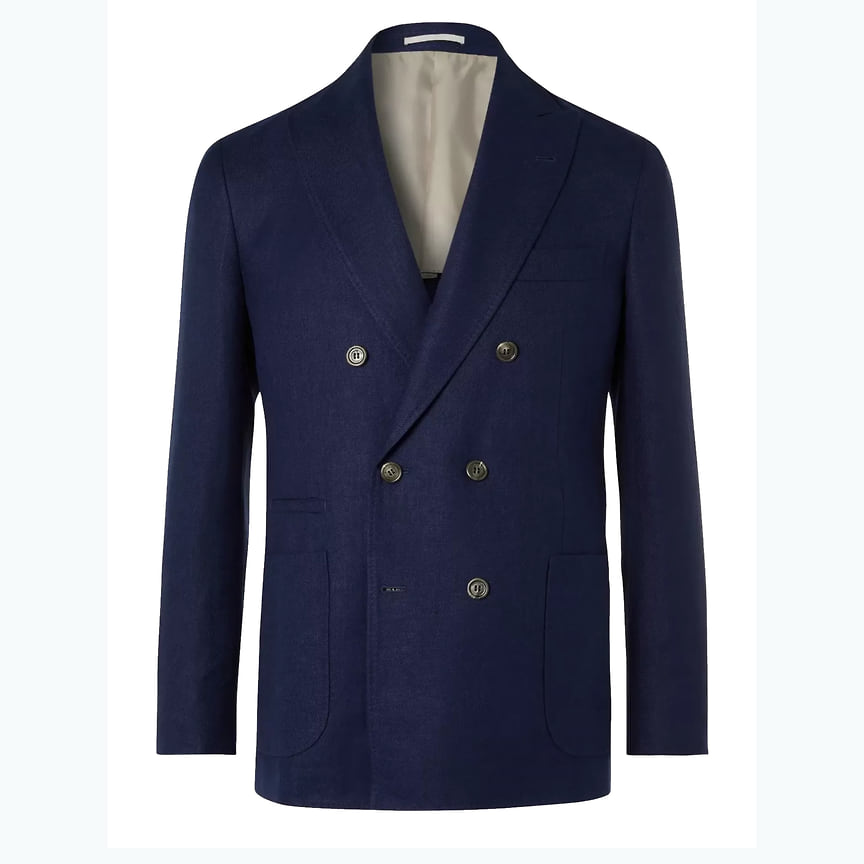 Двубортный пиджак из льна, шерсти и шелка Brunello Cucinelli, 192 434 р., Mr. Porter