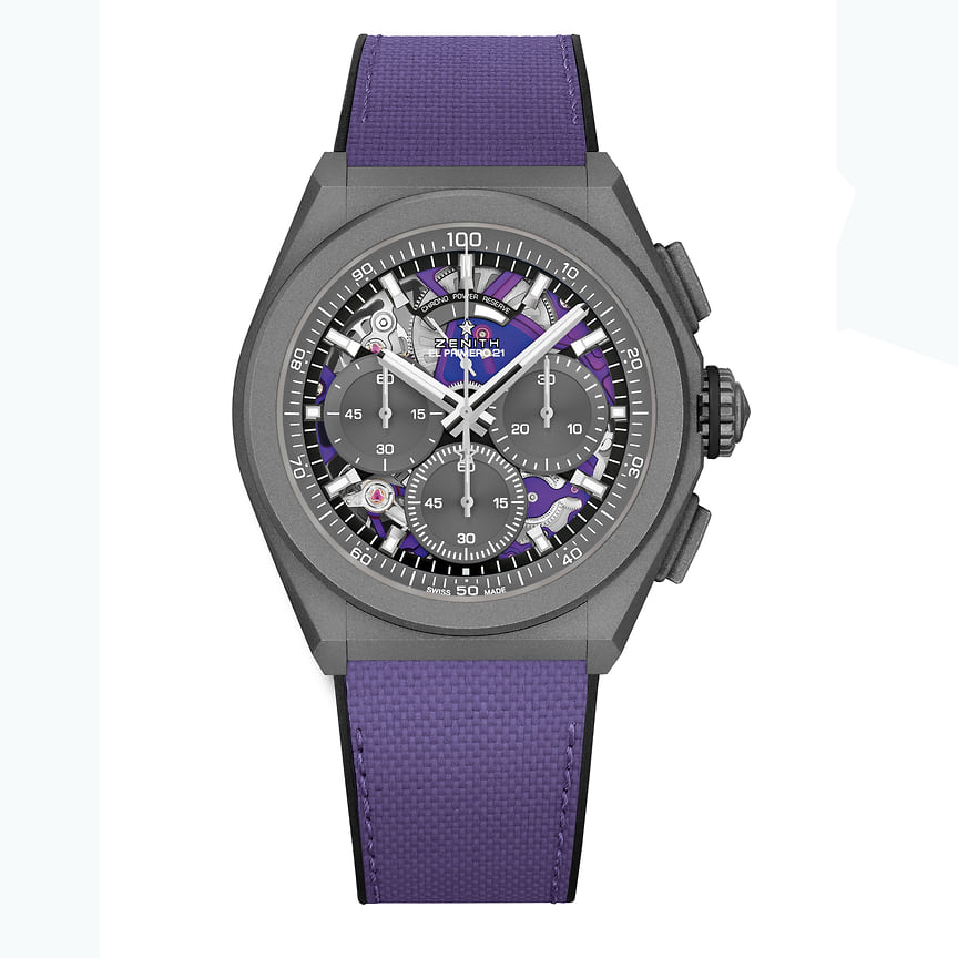 Zenith, часы Defy El Primero 21 Ultraviolet, корпус 44 мм из отпескоструенного титана, автоматический высокочастотный механизм с хронографом с возможностью замеров до 1/100 секунды