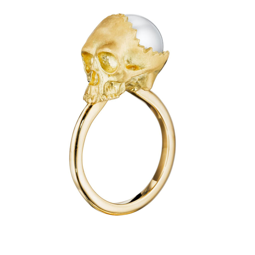 Anthony Lent, кольцо Open Skull, желтое золото, жемчуг