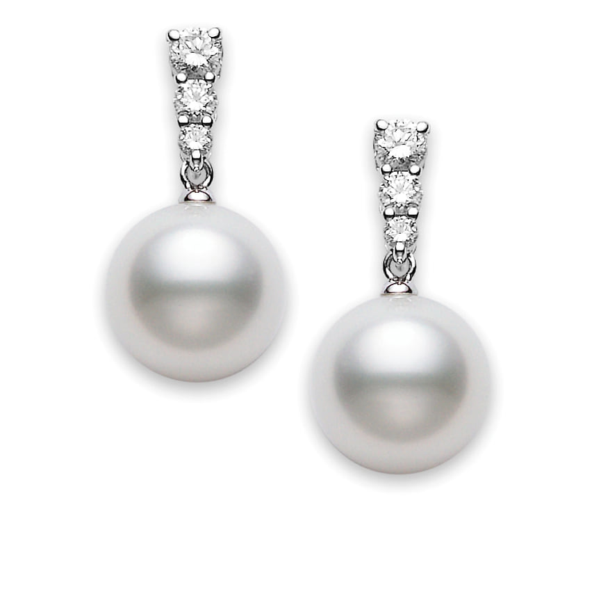 Mikimoto, серьги, белое золото, жемчуг, бриллианты