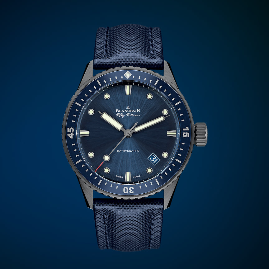 Blancpain, часы Fifty Fathoms Bathyscaphe, 38 мм, сталь, механизм с автоматическим подзаводом, водонепроницаемость 300 м