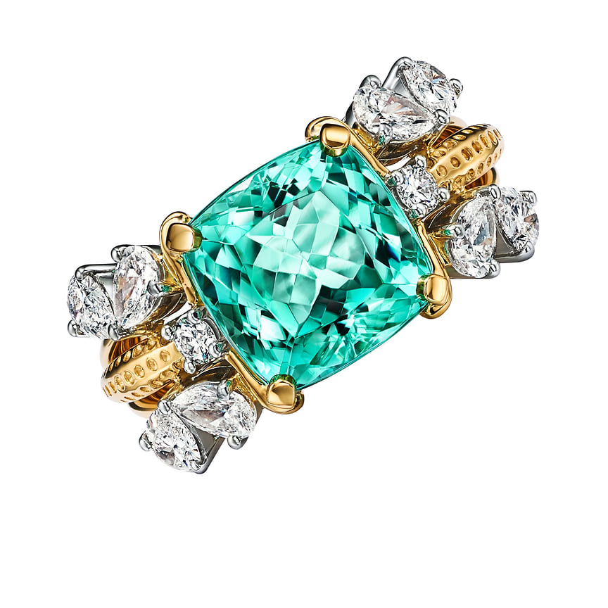 Tiffany &amp; Co. Schlumberger, кольцо Butterfly, желтое золото, платина, турмалин параиба, бриллианты
