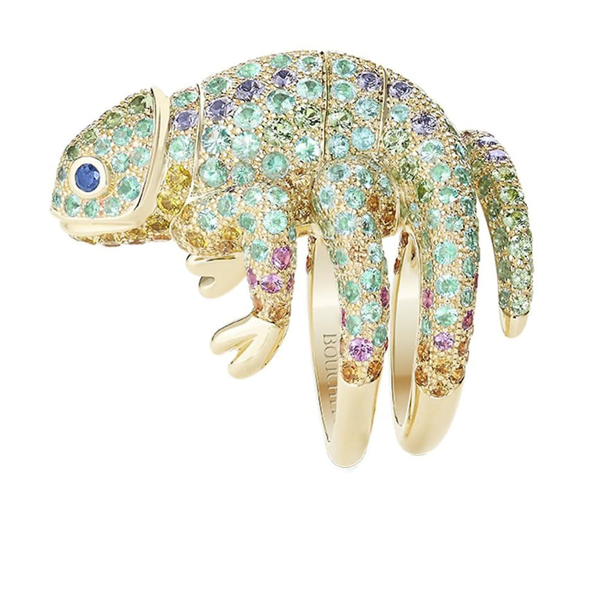 Boucheron, кольцо Masy Chameleon, желтое золото, разноцветные сатиры, турмалины параиба