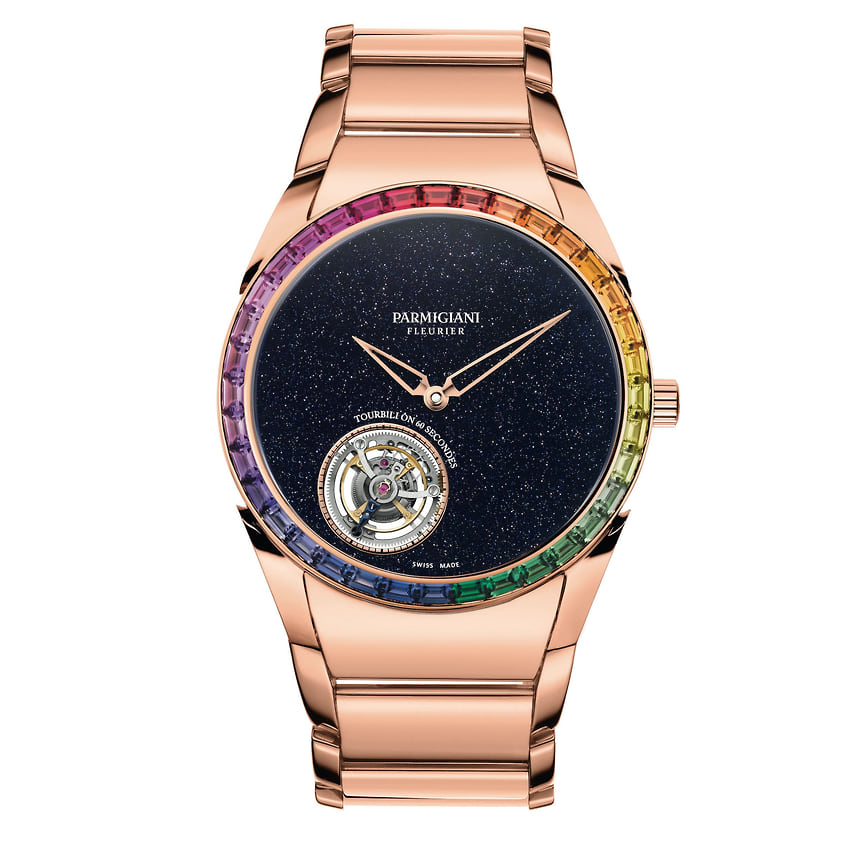 Parmigiani Fleurier, часы Tonda 1950 Tourbillon Galaxy Rainbow, 40 мм, розовое золото, сапфиры, механизм с автоматическим подзаводом