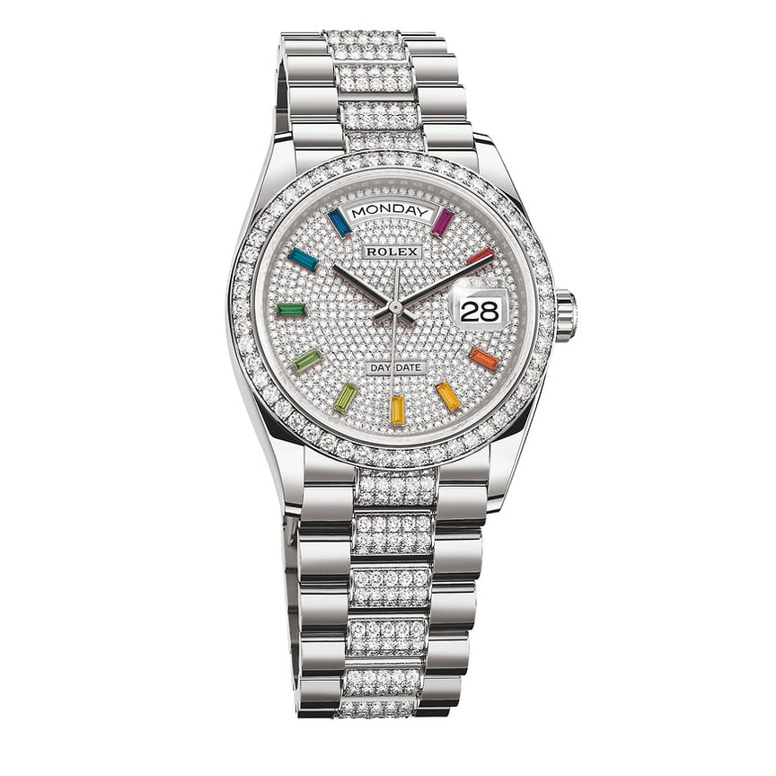 Rolex, часы Oyster Perpetual Day-Date, 36 мм, белое золото, сапфиры, бриллианты, механизм с автоматическим подзаводом
