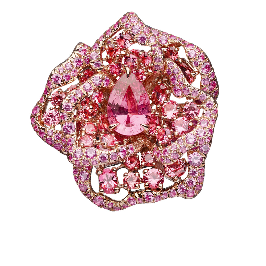 Dior Haute Joaillerie, кольцо Rosedior, розовое и белое золото, шпинели, розовые сапфиры, цавориты, бриллианты
