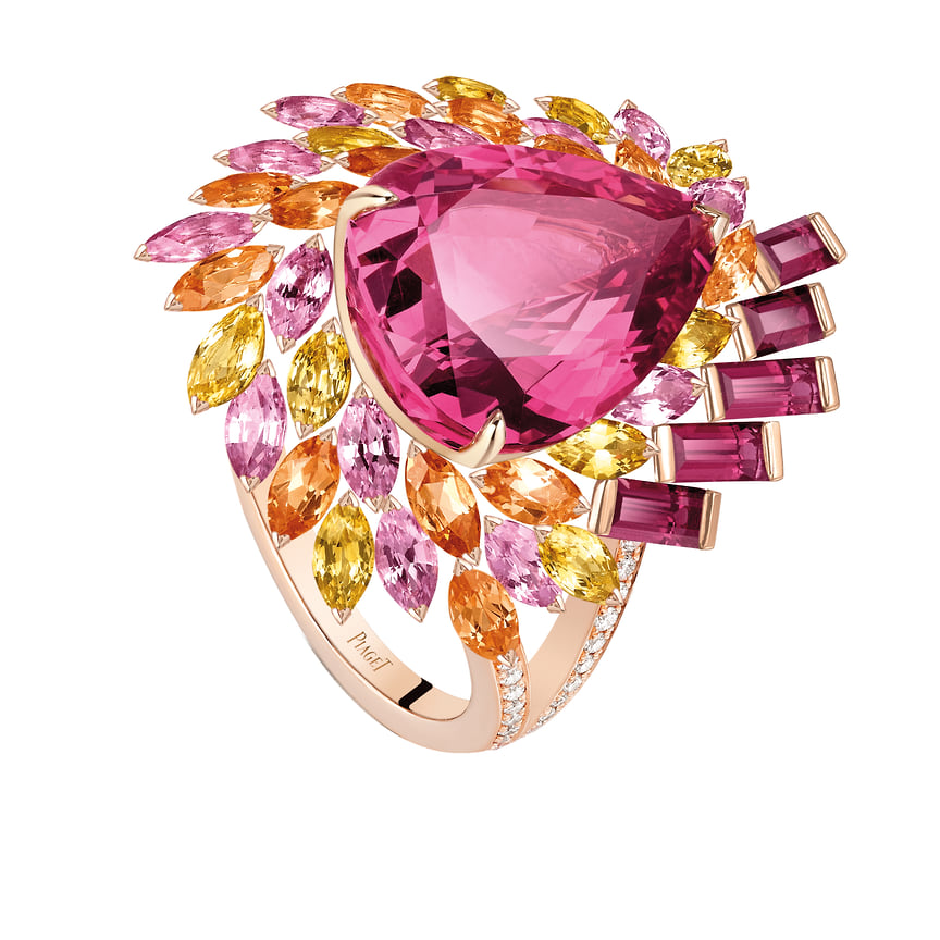 Piaget, кольцо Rainbow Jungle, розовое золото, шпинель, розовые и оранжевые сапфиры, розовые турмалины, спессартины, бриллианты