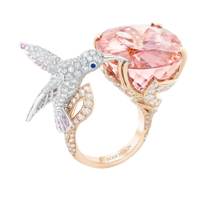 Boucheron, кольцо Hopi, розовое золото, морганит, бриллианты, синие и розовые сапфиры