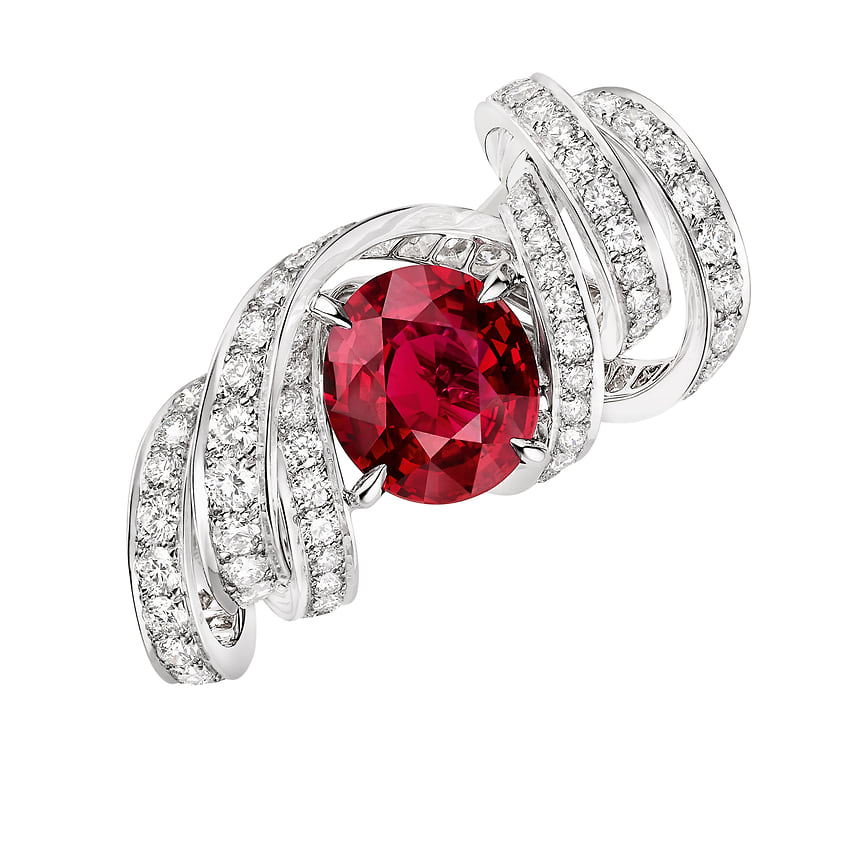 Chaumet, кольцо Torsade, белое золото, рубин, бриллианты