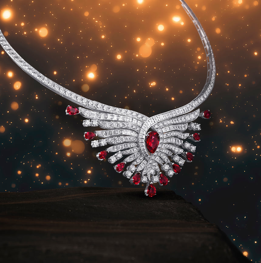 Piaget, колье Extraordinary Lights, белое золото, рубины, бриллианты