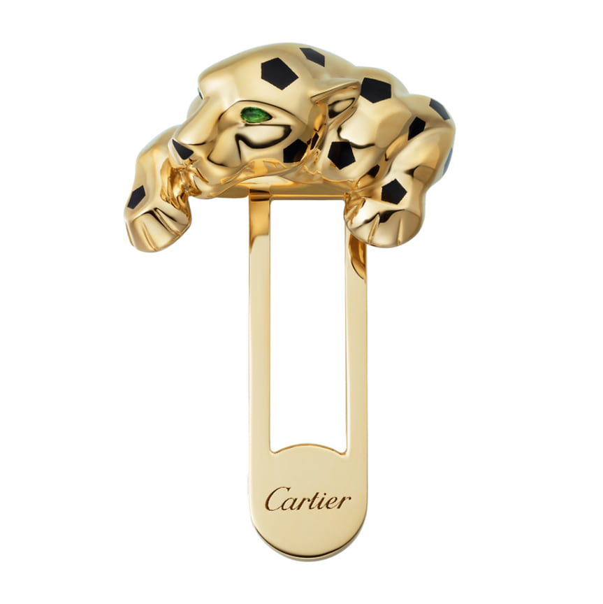 Cartier, брошь Panthere, желтое золото, цавориты, лак