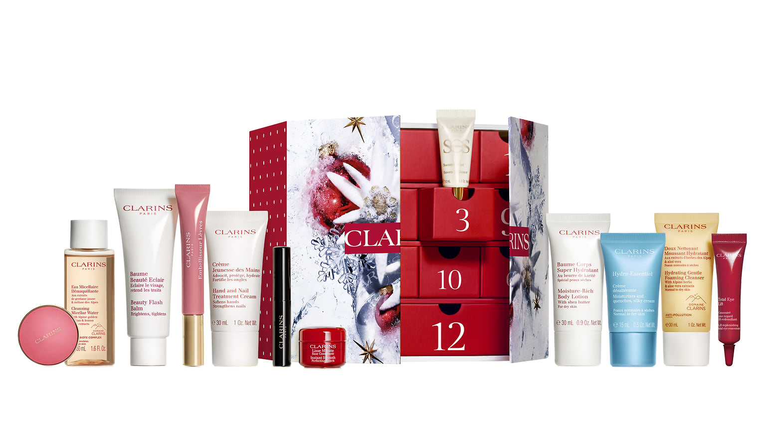 Clarins, адвент-календарь с бестселлерами и миниатюрами марки.