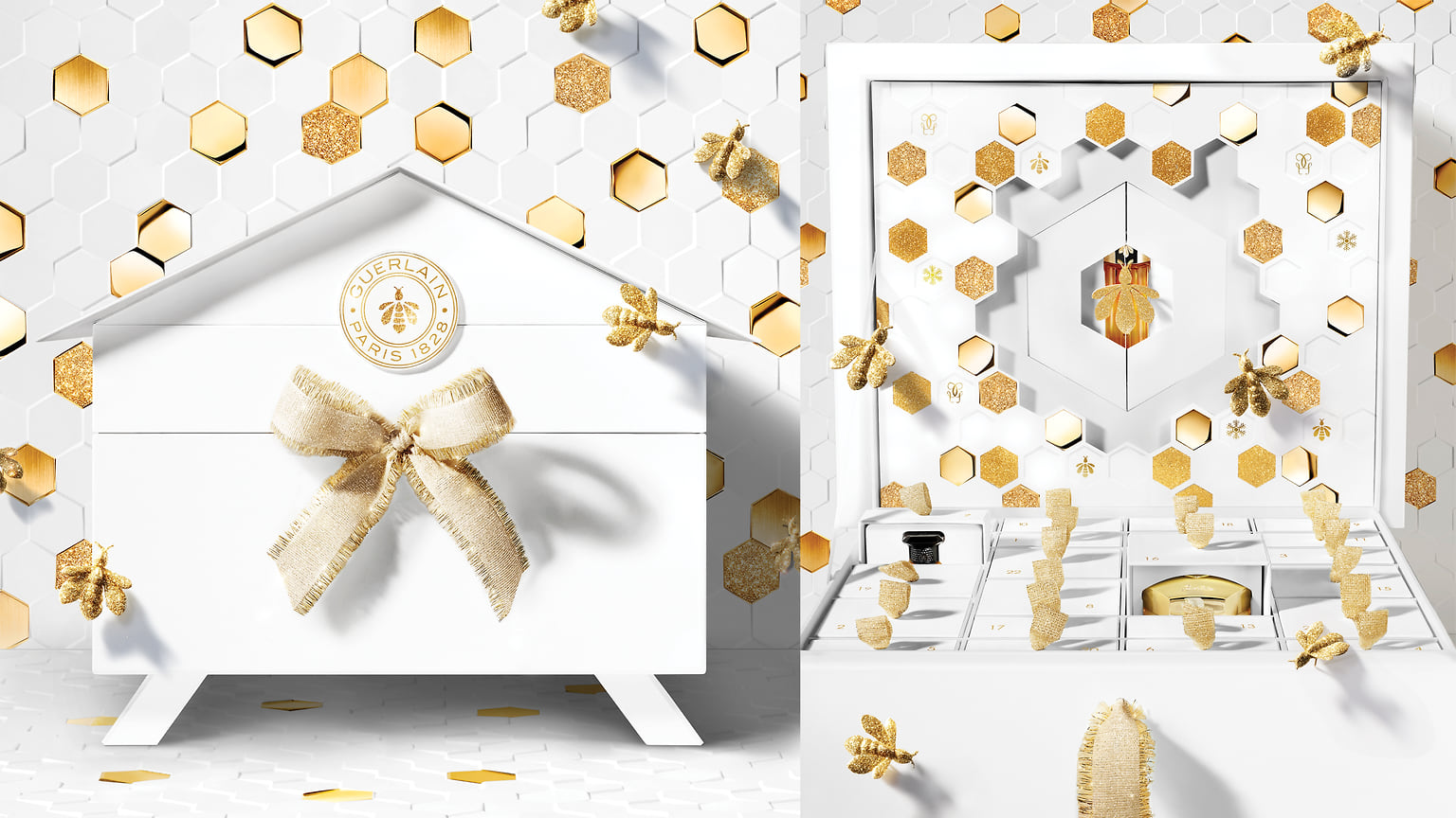 Guerlain, рождественский календарь в форме пчелиного улья. В нем спрятаны 25 флаконов: миниатюрные ароматы из коллекции L’Art et la Matiere, ароматические свечи, керамические украшения, помады KissKiss, кремы Abeille Royale.