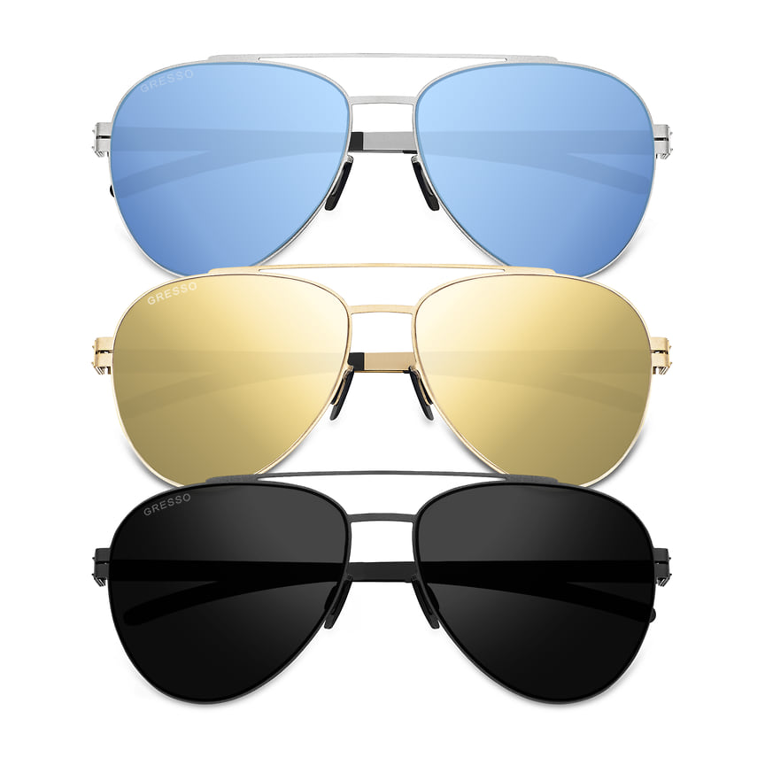 Gresso, солнцезащитные очки California в титановой оправе и линзами Carl Zeiss в девяти оттенках.