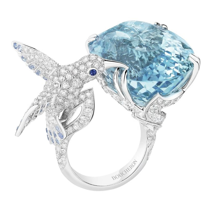 Boucheron, кольцо Hopi the Hummingbird, белое золото, аквамарин, сапфиры, бриллианты