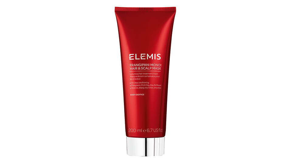 Elemis, интенсивная маска для восстановления волос и кожи головы «Франжипани-Монои». Активные ингредиенты: масла кунжутное, франжипани, монои, экстракт цветов гибискуса, розовая глина.
