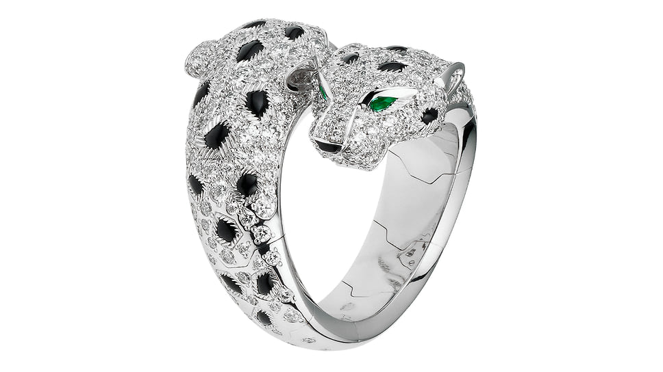 Cartier, кольцо Panthere, белое золото, оникс, изумруды, бриллианты