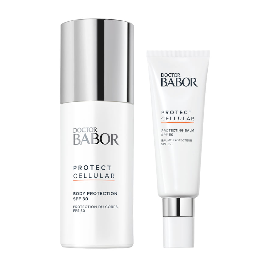 Doctor Babor, солнцезащитный крем для лица с матирующим эффектом SPF 30. Успокаивающий солнцезащитный крем Protect Cellular с SPF 30 для тела.