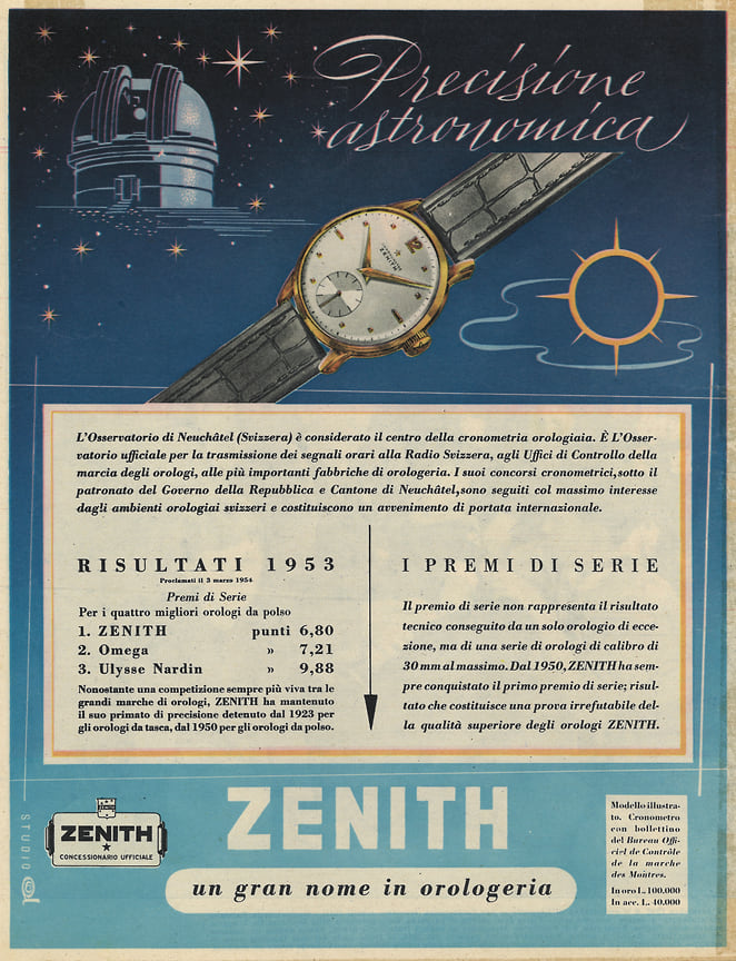 Рекламные публикации Zenith 50-х годов, посвященные победам на обсерваторских конкурсах