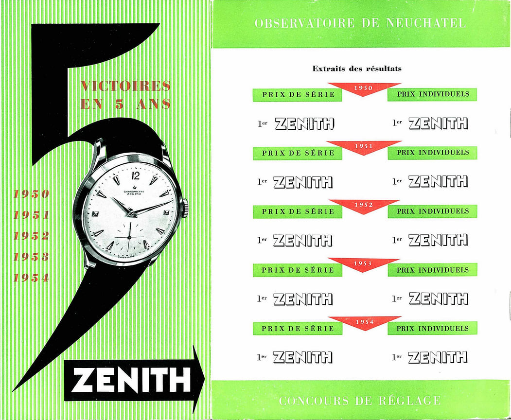 Рекламные публикации Zenith 50-х годов, посвященные победам на обсерваторских конкурсах