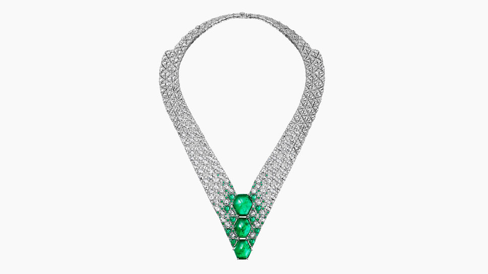 Cartier, колье Iwana, платина, изумруды, бриллианты