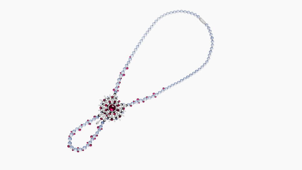 Cartier, колье Nouchali, белое золото, рубеллиты, халцедоны, черный лак, бриллианты