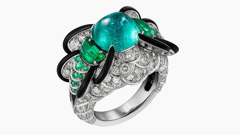 Cartier, кольцо Mizuchi, платина, турмалины, изумруды, оникс, бриллианты