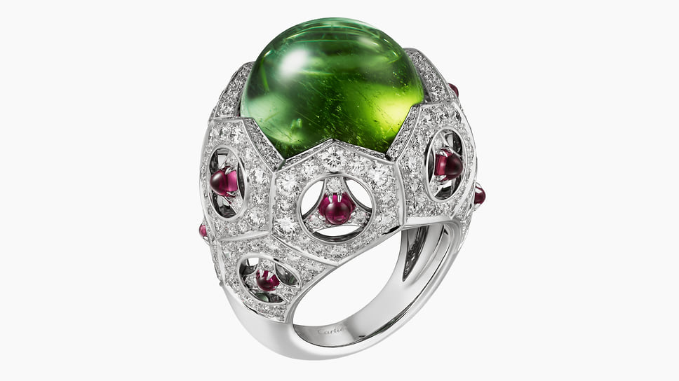 Cartier, кольцо Yasifan, белое золото, турмалин, рубины, бриллианты