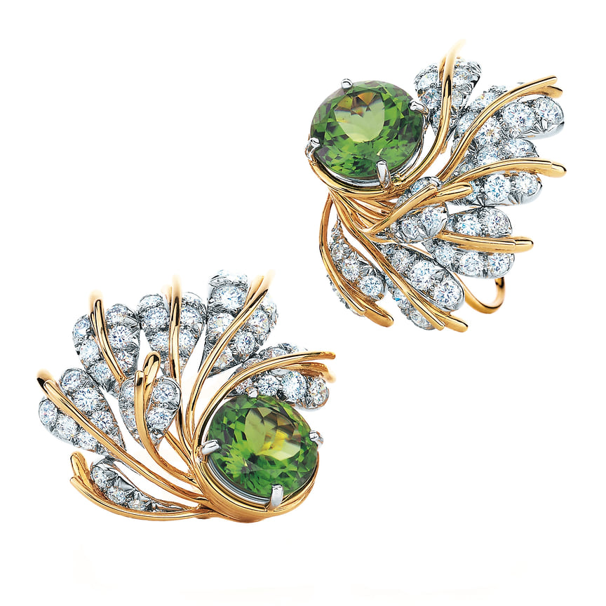 Tiffany&amp;Co., серьги High Jewelry, платина, желтое золото, перидоты, бриллианты.