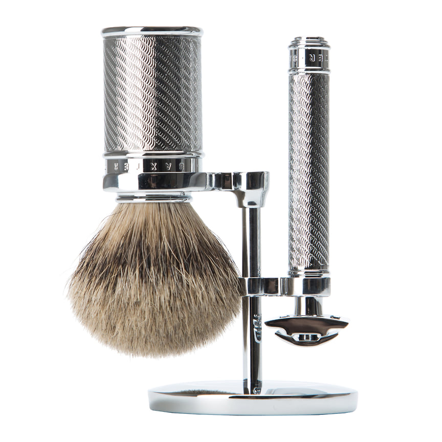 Baxter of California, набор для бритья Safety Razor set: безопасная бритва с двумя лезвиями, помазок из шерсти барсука, подставка из хромированной латуни (в FOAM).