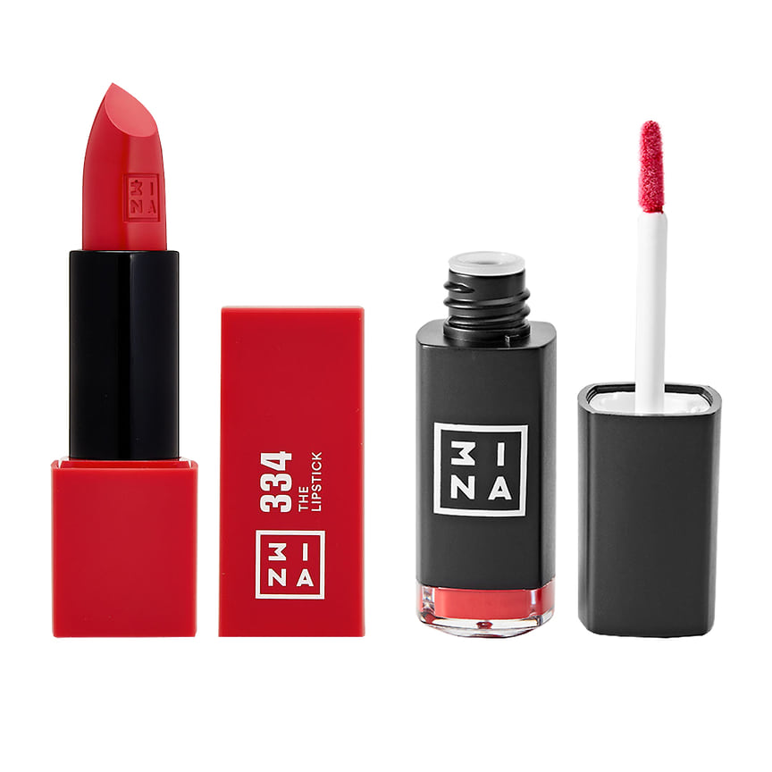 3INA, стойкая жидкая помада The Longwear Lipstick, оттенок 508 и классическая помада с ванильным ароматом The lipstick, оттенок 334.