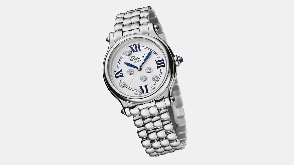 Женские часы Chopard Happy Sport 33 mm Automatic, корпус диаметром 33 мм из нержавеющей стали, 7 плавающих бриллиантов, автоматический механизм, 1 296 000 руб.