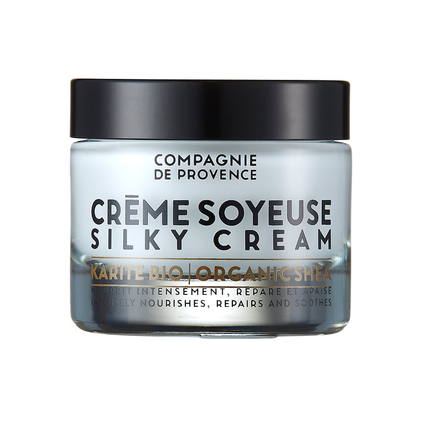 Compagnie de Provence, питательный крем-шелк для лица Creme Soyeuse: питает, восстанавливает и успокаивает кожу, устраняет ощущение стянутости. Состав: масло ши, экстракт провансальских трав.