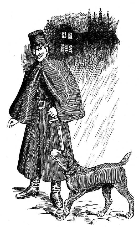 Полицейский и его полицейская собака в прорезиненных водонепроницаемых куртках Macintosh, Лондон, 1907 год.
