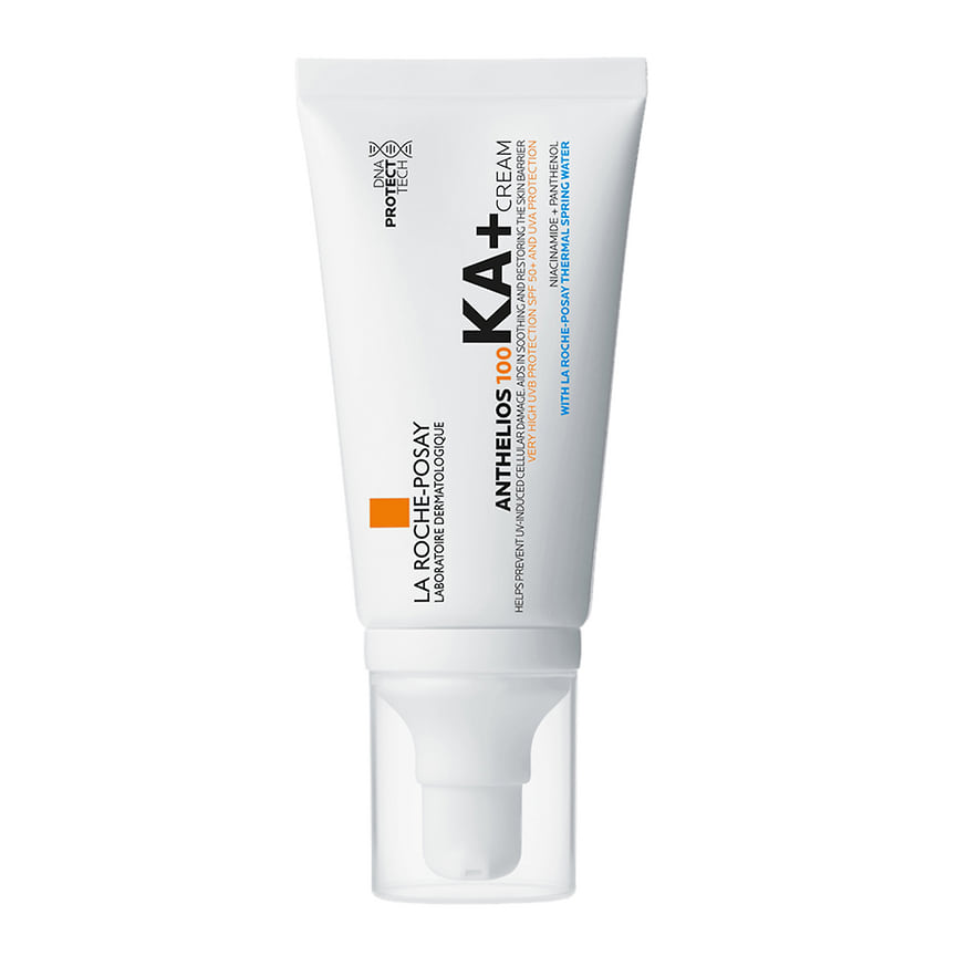 La Roche-Posay, солнцезащитный крем для лица Anthelios 100 KA+: восстанавливает кожный барьер, предотвращает повреждение кожи. В составе: ниацинамид, пантенол и термальная вода La Roche-Posay.