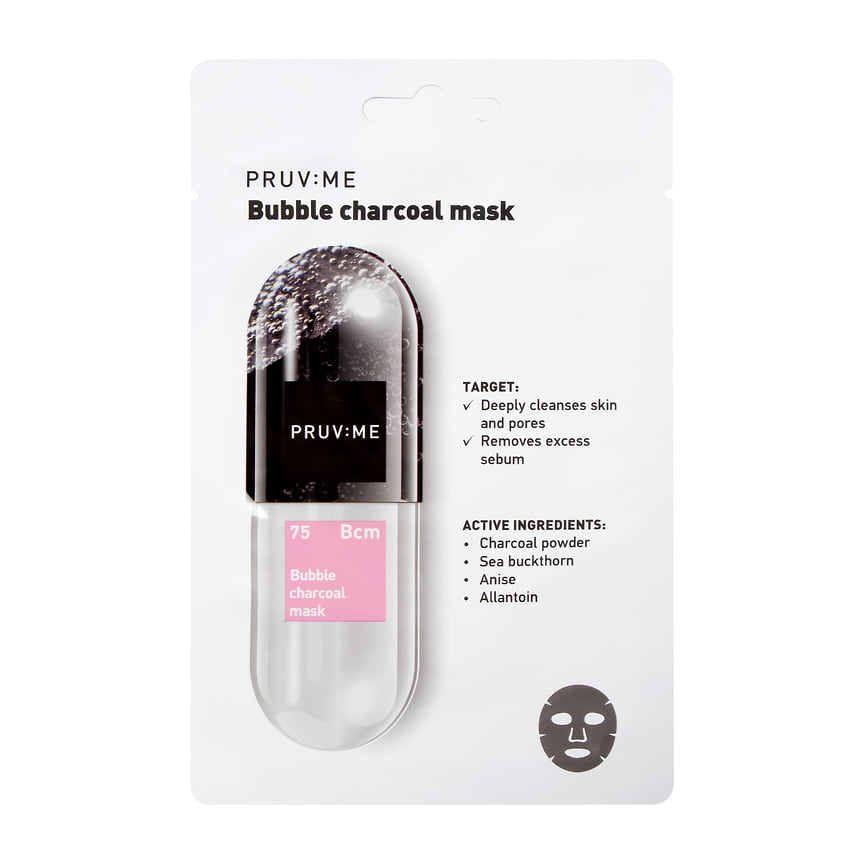 Pruv:me, маска для лица тканевая пузырьковая очищающая с углем Bubble charcoal mask. Активные ингредиенты: угольная пудра, анис, аллантоин, облепиха.