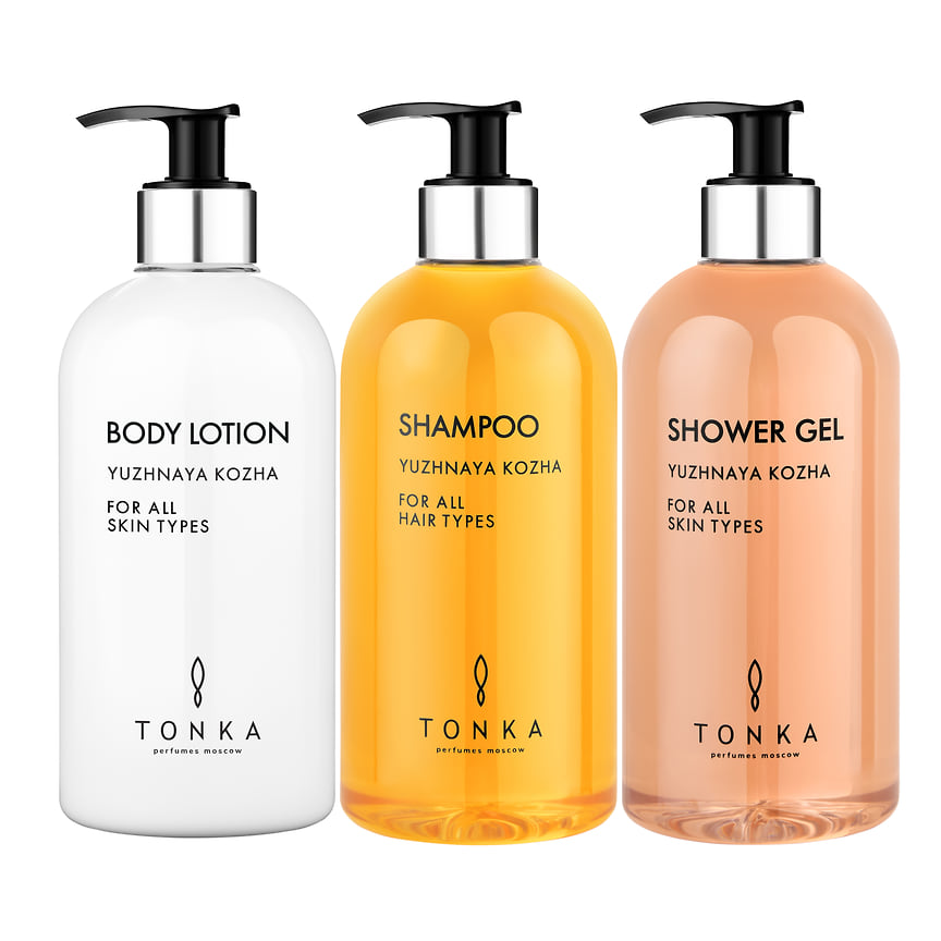 Tonka Perfumes Moscow (Россия), линия парфюмированных средств ухода для тела и волос во флаконах 500 мл: кремы, мыло для рук, гели для душа, лосьоны, шампуни и бальзамы для волос с ароматов Yuzhnaya kozha. В составе: гиалуроновая кислота, масло карите, экстракты растений, витамин Е, кератин и протеины.