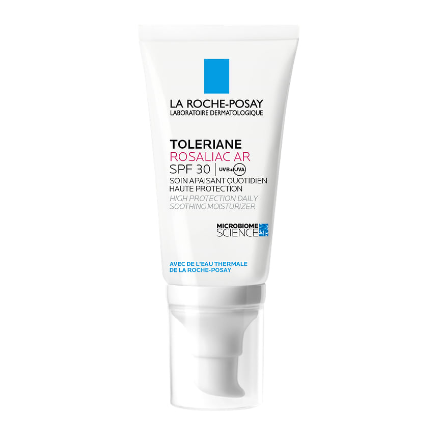 La Roche-Posay (Франция), увлажняющий уход для лица против покраснений Toleriane Rosaliac AR spf 30: увлажняет, защищает от UVA/UVB-лучей, успокаивает кожу, снижая ее чувствительность и реактивность. В составе: термальная вода, экстракт бактерий для нормализации микробиома кожи, глицерин.
