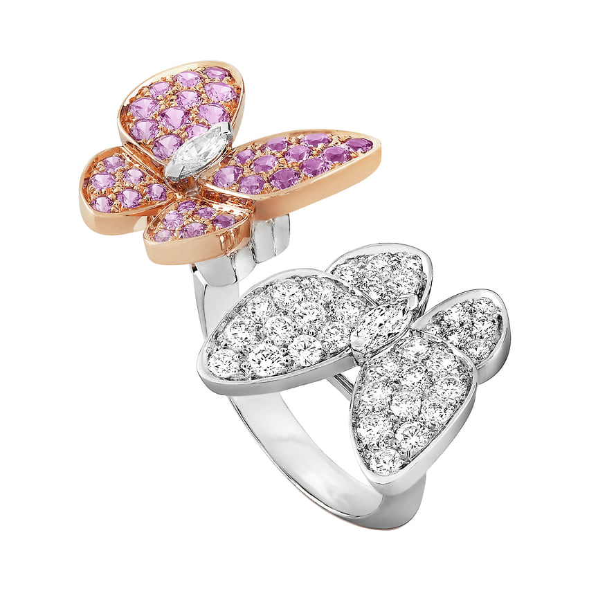 Van Cleef &amp; Arpels, кольцл Butterflies, белое и розовое золото, бриллианты, розовые сапфиры