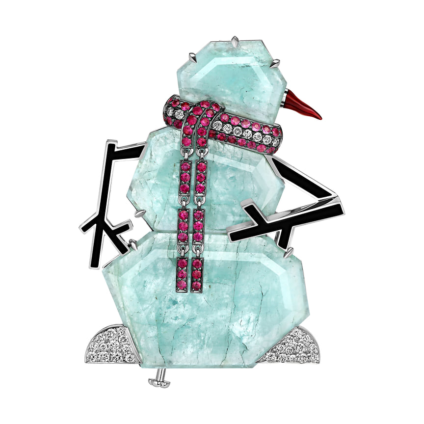 Брошь-снеговик, белое золото, аквамарины, рубины, бриллианты, эмаль, Ilgiz F.