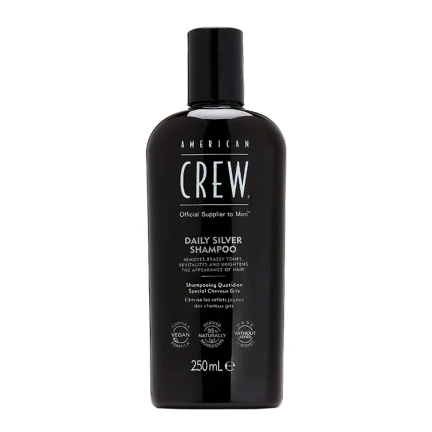 American Crew, шампунь для седых или седеющих волос Daily Silver Shampoo: обеспечивает седым волосам уход, нейтрализует желтоватый оттенок, делает волосы более блестящими и ухоженными